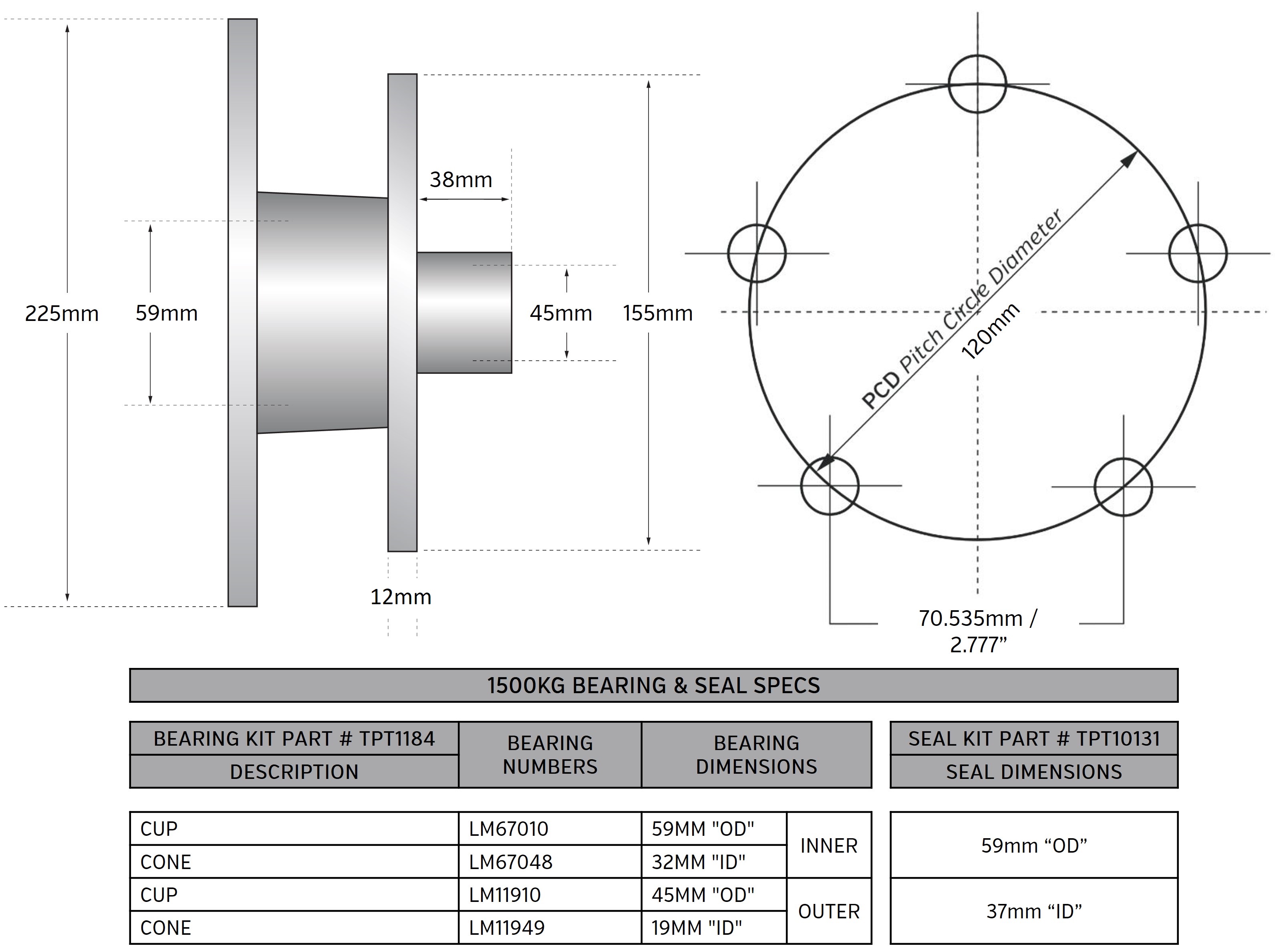 1500KG HUB KIT D/B 5X120 X7/16 - Trojan