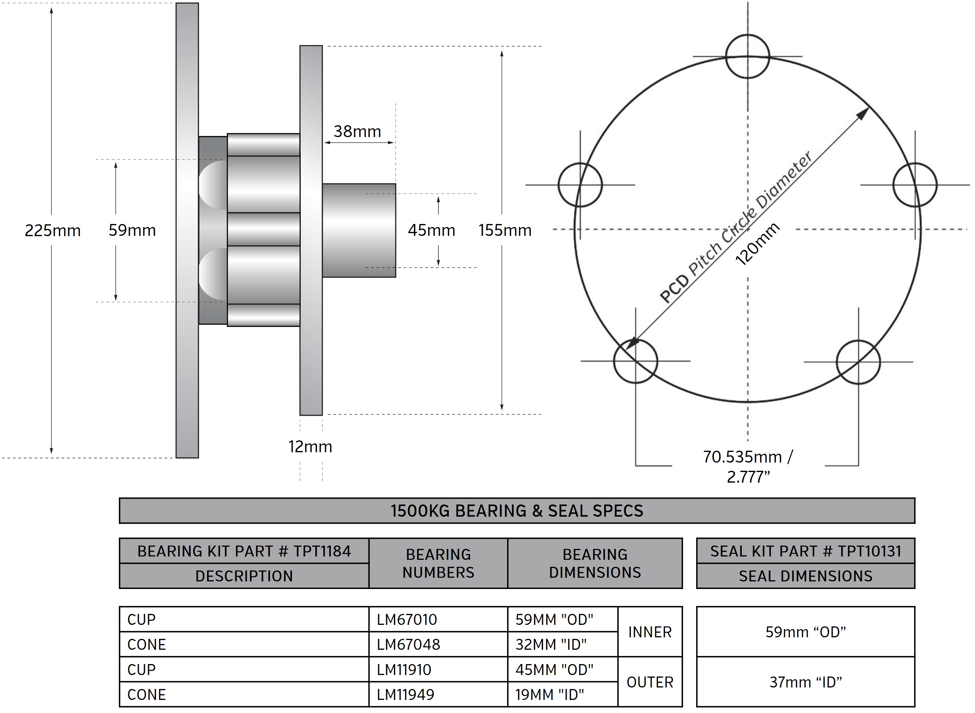 1500kg HUB KIT 225 CI DISC 5X120X7/16 - Trojan